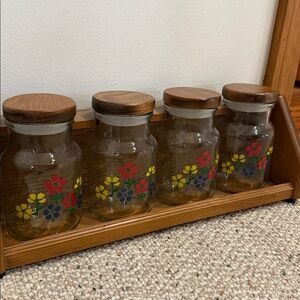 Vintage spice rack Floral Glass Jars with Wooden Lids